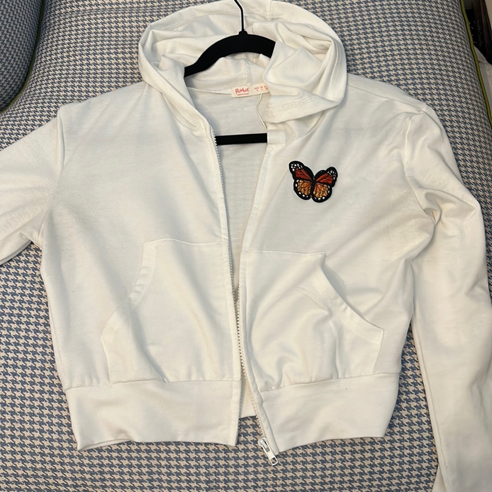 Cropped white cotton zip up jacket with butterfly and hoodie, size small
